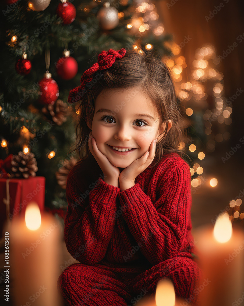 Happy child wearing knitted red clothes, sitting in front of a Christmas tree. Happy child wearing knitted red clothes, sitting in front of a Christmas tree.