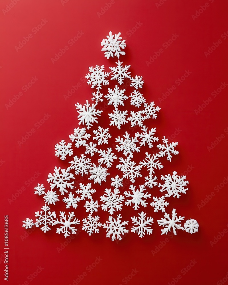 White snowflakes arranged in the shape of a Christmas tree on a red background, creating a minimalist festive look White snowflakes arranged in the shape of a Christmas tree on a red background, creating a minimalist festive look