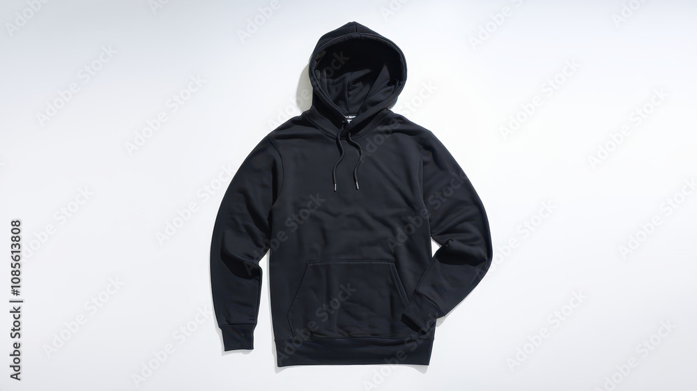 A sleek black hoodie displayed against a clean, white background, emphasizing its modern design and cozy appeal. A sleek black hoodie displayed against a clean, white background, emphasizing its modern design and cozy appeal.