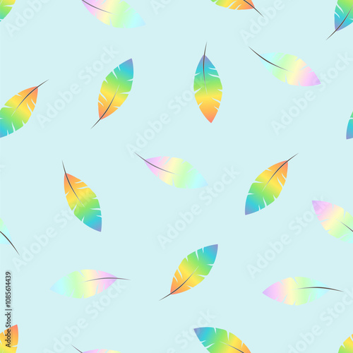 Cartoon feather seamless pattern, abstract vector illustration with soft rainbow colors on light blue background, for fabric, textile, clothing, wrapping paper, wallpaper, cover.