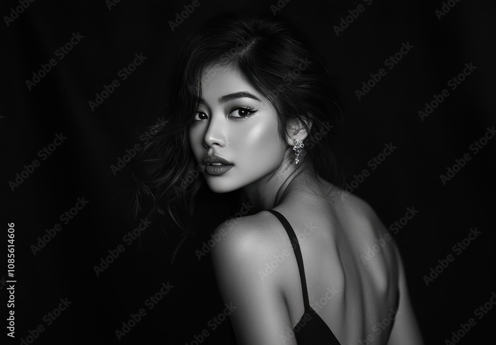 Black and white photo of a beautiful woman model in a black dress looking over her shoulder on a dark background. Black and white photo of a beautiful woman model in a black dress looking over her shoulder on a dark background.