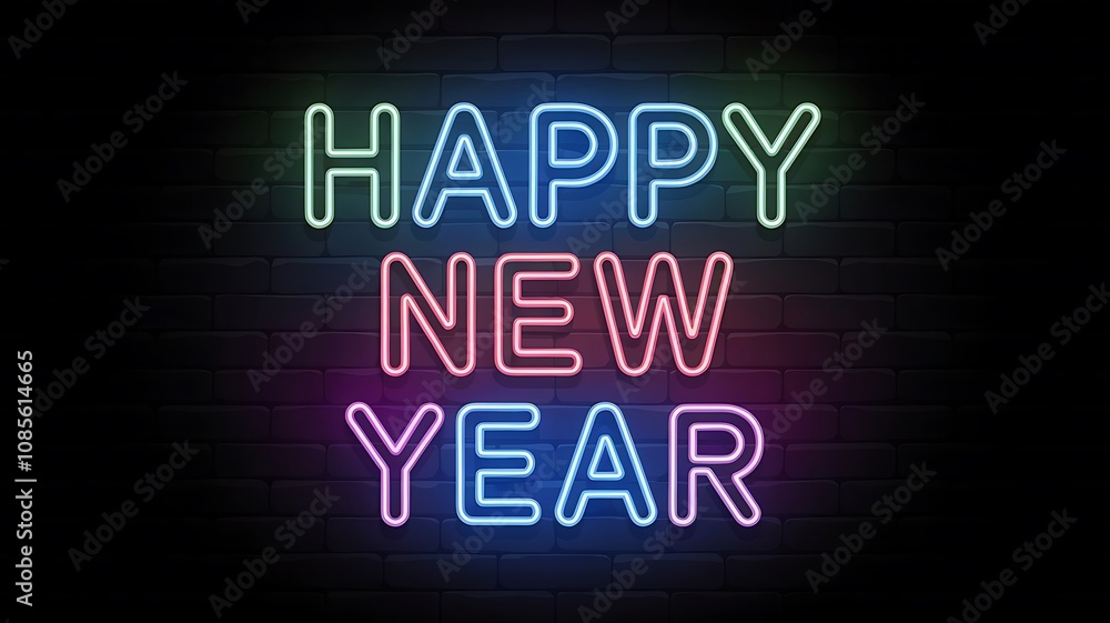 Vibrant 'Happy New Year' Neon Sign in Multicolored Text with Soft Glow on Dark Brick Wall Vibrant 'Happy New Year' Neon Sign in Multicolored Text with Soft Glow on Dark Brick Wall