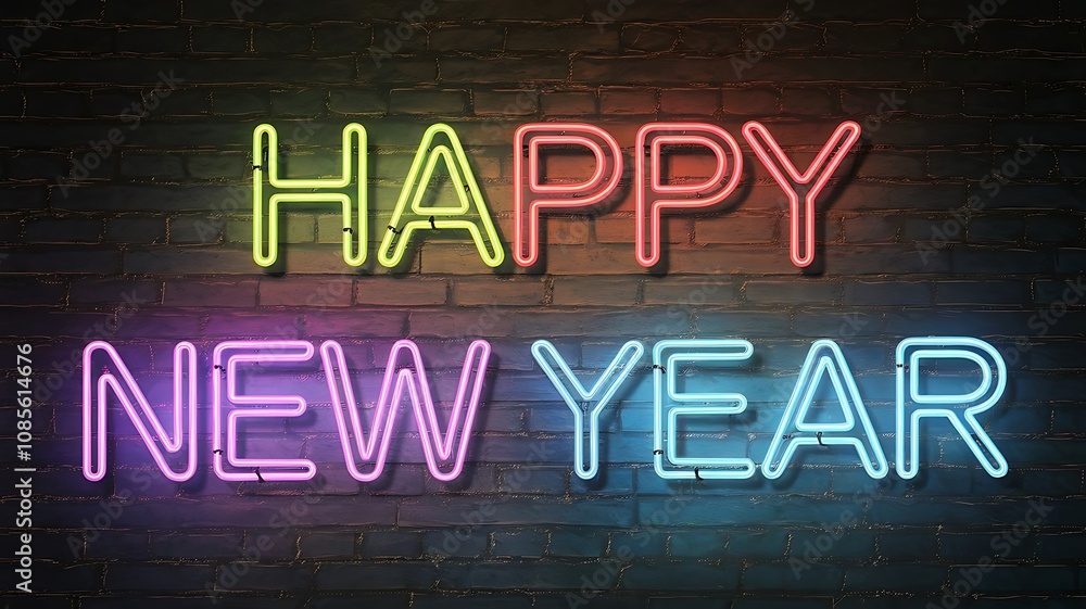 Vibrant 'Happy New Year' Neon Sign in Multicolored Text with Soft Glow on Dark Brick Wall Vibrant 'Happy New Year' Neon Sign in Multicolored Text with Soft Glow on Dark Brick Wall