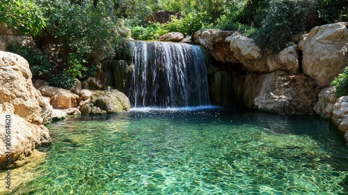 Serene Underground Waterfall Cascading into Clear Pool