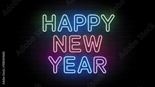 Vibrant 'Happy New Year' Neon Sign in Multicolored Text with Soft Glow on Dark Brick Wall