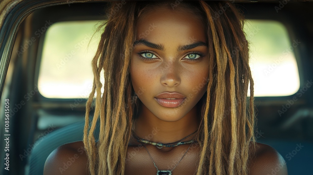 A young woman is seated inside an antique car with long, flowing dreadlocks and captivating blue-green eyes. The bright sunlight illuminates the natural beauty around her A young woman is seated inside an antique car with long, flowing dreadlocks and captivating blue-green eyes. The bright sunlight illuminates the natural beauty around her