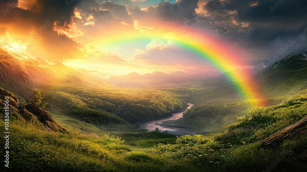 Obraz premium Stunning Landscape with Majestic Rainbow Over Lush Green Valley and River at Sunset, Capturing the Beauty of Nature's Vibrant Colors and Scenic Serenity