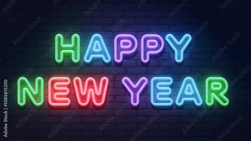 Vibrant 'Happy New Year' Neon Sign in Multicolored Text with Soft Glow on Dark Brick Wall Vibrant 'Happy New Year' Neon Sign in Multicolored Text with Soft Glow on Dark Brick Wall
