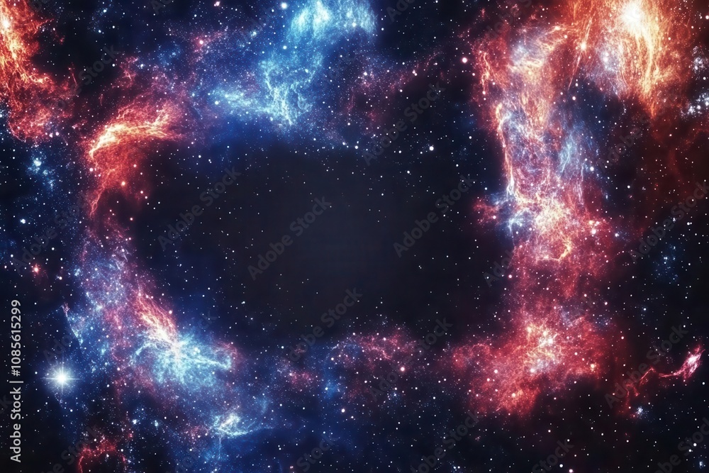 Naklejka premium Abstract galaxy pattern with blank center, perfect for text or logos, space graphic, celestial inspiration