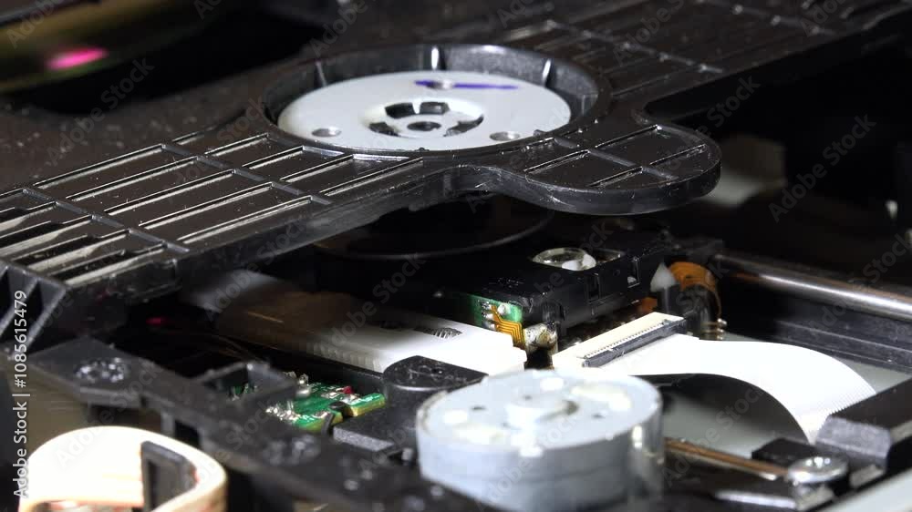 Dvd Loading Inage An open DVD player shows its internal components and circuitry, with ...
