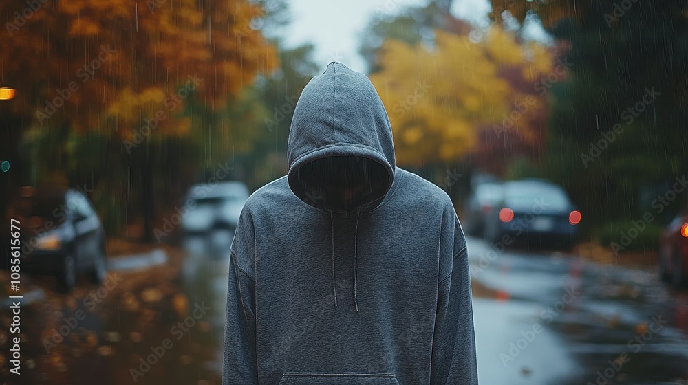 Under gloomy weather, someone wearing a gray hoodie stands quietly on a wet street. Vibrant autumn leaves surround them, enhancing the moody atmosphere of the scene Under gloomy weather, someone wearing a gray hoodie stands quietly on a wet street. Vibrant autumn leaves surround them, enhancing the moody atmosphere of the scene