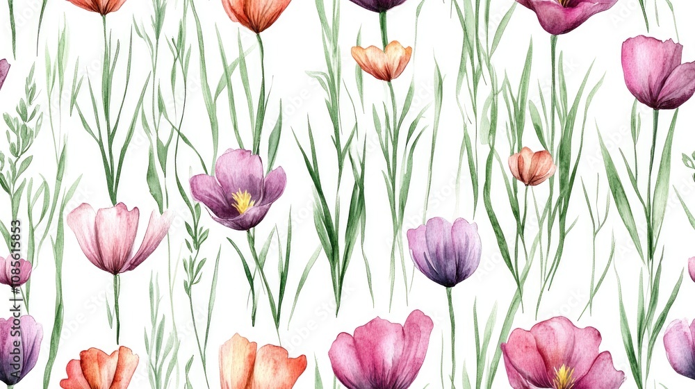 Fototapeta premium Seamless watercolor pattern featuring vibrant spring flowers and lush grass ideal for seasonal decor and invitations