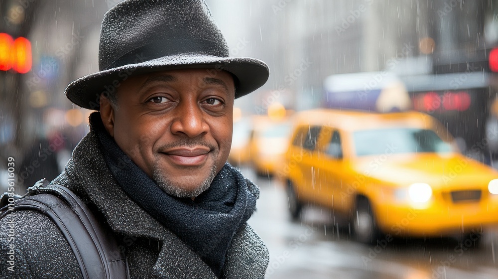 A man enjoying the winter weather stands in a snowy New York City street. He wears a hat and coat, smiling amidst the hustle of yellow taxis passing by A man enjoying the winter weather stands in a snowy New York City street. He wears a hat and coat, smiling amidst the hustle of yellow taxis passing by