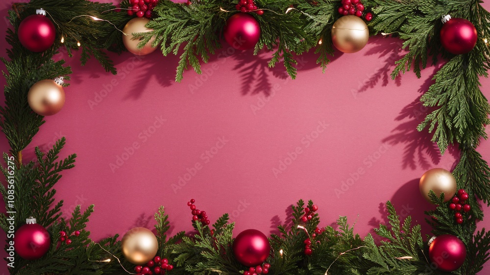 A festive arrangement of red and gold ornaments with evergreen branches on a pink background for the holiday season A festive arrangement of red and gold ornaments with evergreen branches on a pink background for the holiday season