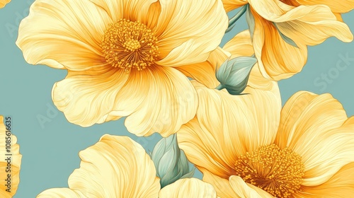 Fototapeta Naklejka Na Ścianę i Meble -  Seamless vintage floral pattern with large yellow flowers on a blue background ideal for textiles wallpaper and packaging