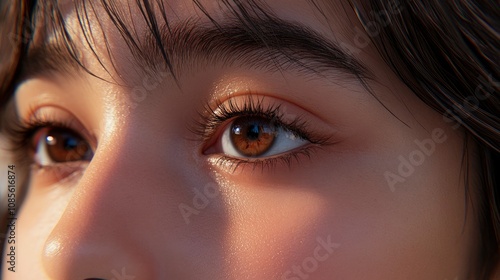 Close-up of a Young Woman's Eyes, Sunlight on Skin, Brown Eyes, Soft Focus