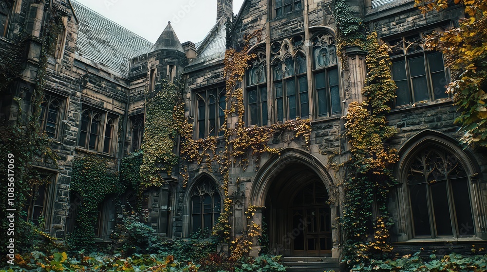 Fototapeta premium Old Gothic Revival University Building with Ivy