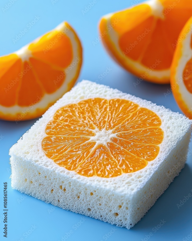 Orange slices and a sponge on a blue background, vibrant and fresh, ideal for concepts related to cleanliness, freshness, or cooking Bright colors pop against soft blue