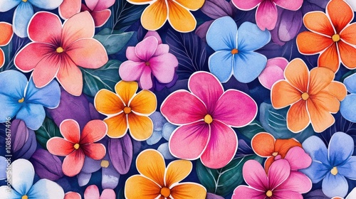 Vibrant seamless pattern of watercolor tropical flower stickers perfect for stationery and design projects