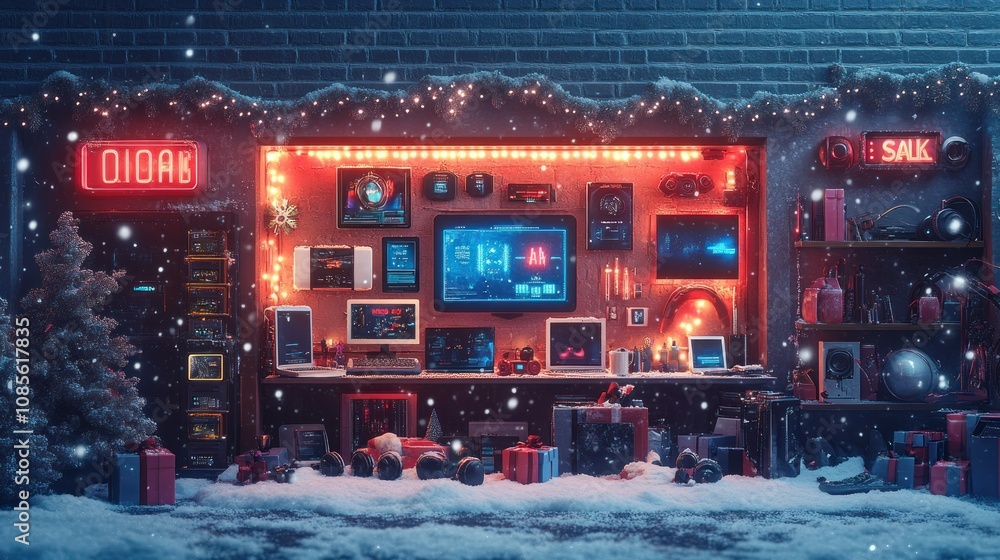 Cozy tech-themed holiday display with decorations. Cozy tech-themed holiday display with decorations.