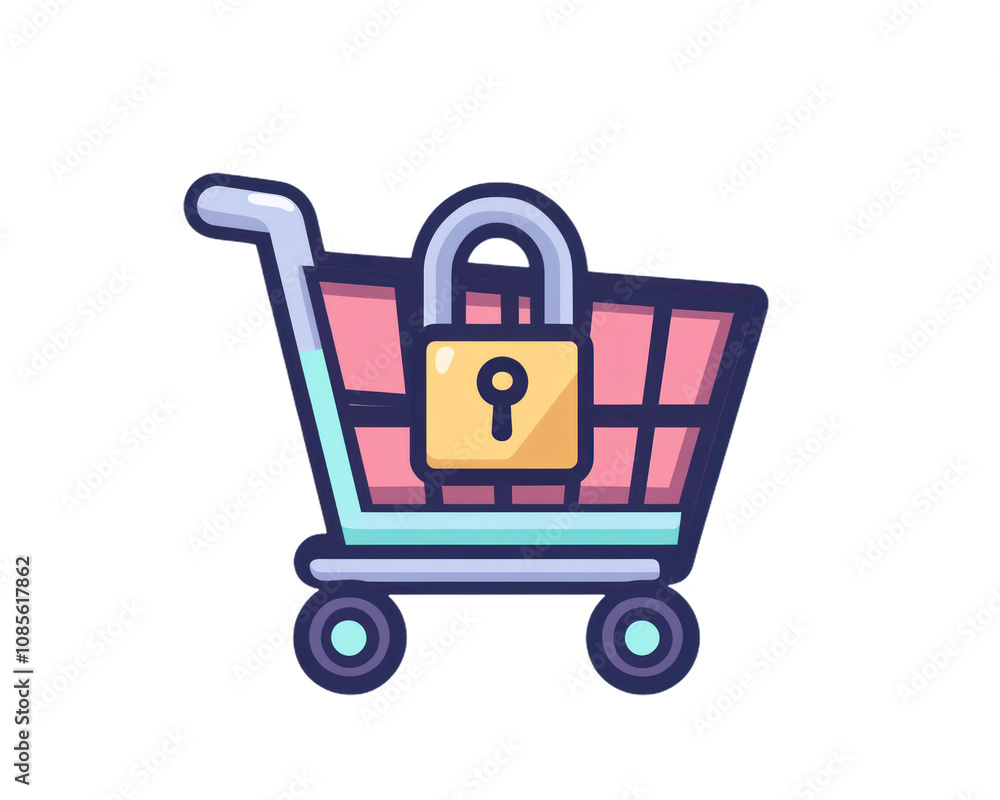 Shopping cart with a lock on it. isolate transparent background Shopping cart with a lock on it. isolate transparent background