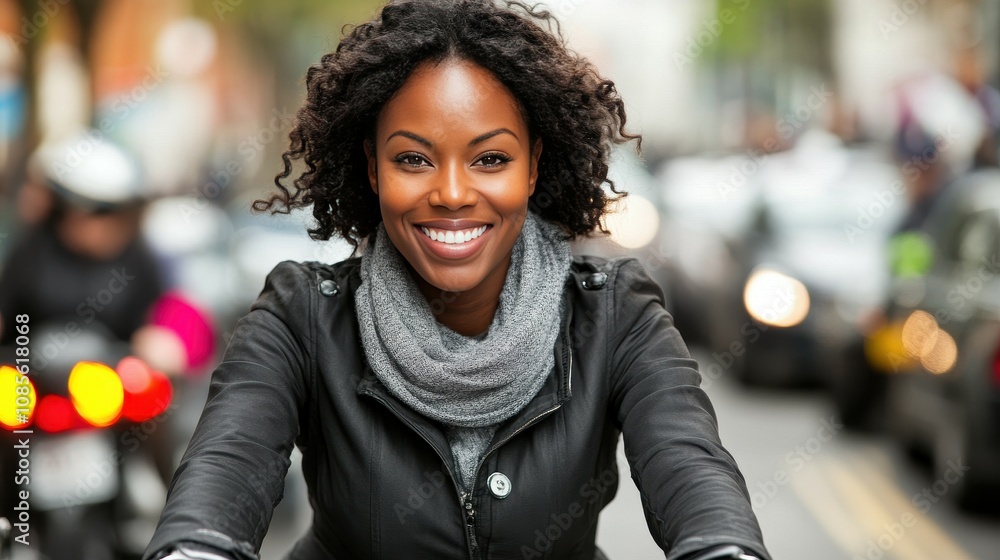 Fototapeta premium A cheerful young woman with curly hair rides her bicycle down a bustling city street, surrounded by cars. She wears a black jacket and a gray scarf, enjoying the sunny weather