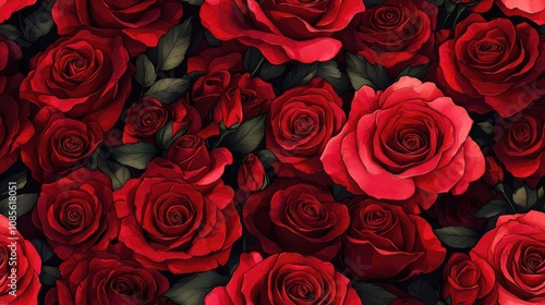 Fototapeta Naklejka Na Ścianę i Meble -  Seamless floral pattern featuring intricate red rose designs in vibrant watercolor and ink ideal for fabric and wallpaper design