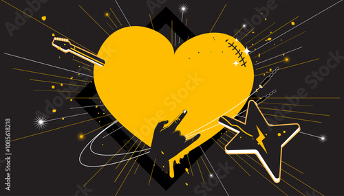 Party music decorations with instruments and heart rock on black background design template for a banner or concert poster.
