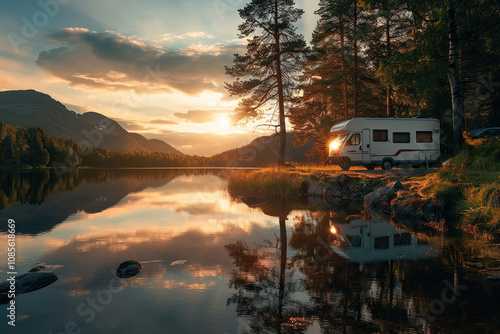 Holiday trip on large family motorhome for holiday in beautiful nature