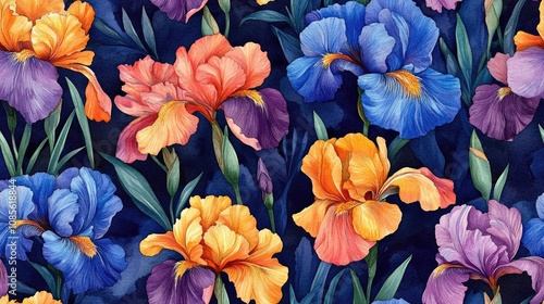 Watercolor seamless pattern featuring vibrant blooming irises perfect for fabric design or floral themed decor