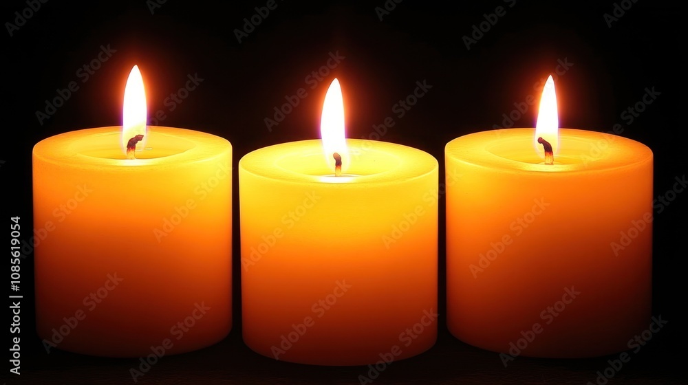 Three lit candles with a warm glow against a dark background. Three lit candles with a warm glow against a dark background.