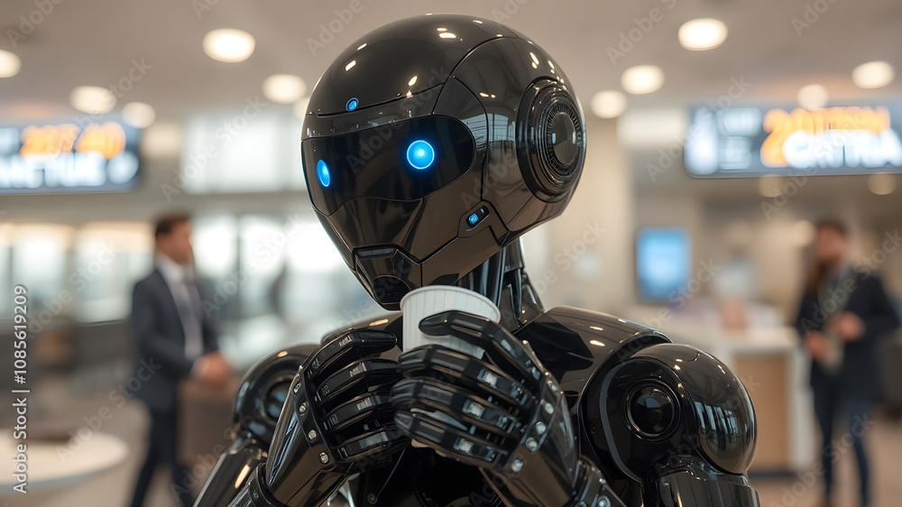 A sleek black AI robot serves coffee to passengers in an airport lounge. Its polite demeanor, glossy surface details and clean blue reflections are eye-catching. A sleek black AI robot serves coffee to passengers in an airport lounge. Its polite demeanor, glossy surface details and clean blue reflections are eye-catching.