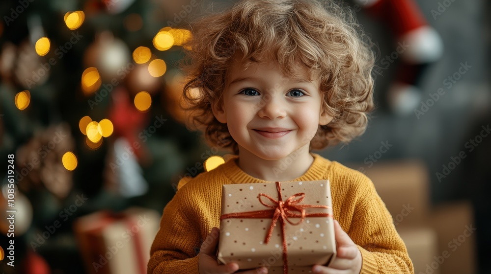 A cheerful child with curly hair is holding a beautifully wrapped gift, standing in front of a festive Christmas tree adorned with lights and ornaments, radiating holiday joy A cheerful child with curly hair is holding a beautifully wrapped gift, standing in front of a festive Christmas tree adorned with lights and ornaments, radiating holiday joy