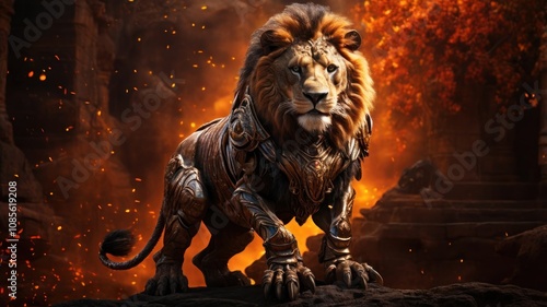 A majestic lion in armor stands in front of a fiery background.
