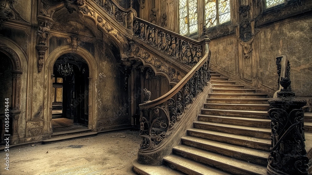 Fototapeta premium Elegant Gothic Revival Staircase with Iron Railing