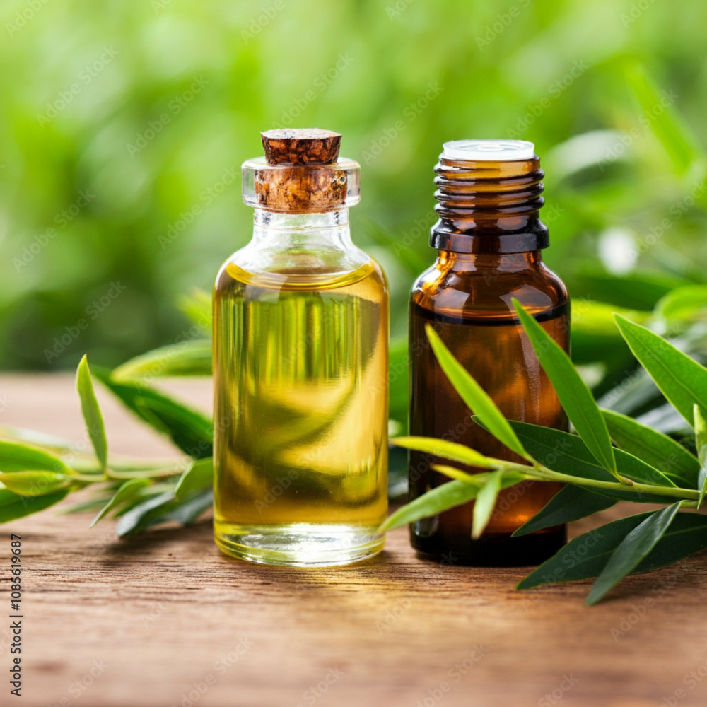 Tea tree oil next to fresh green tea tree leaves Tea tree oil next to fresh green tea tree leaves