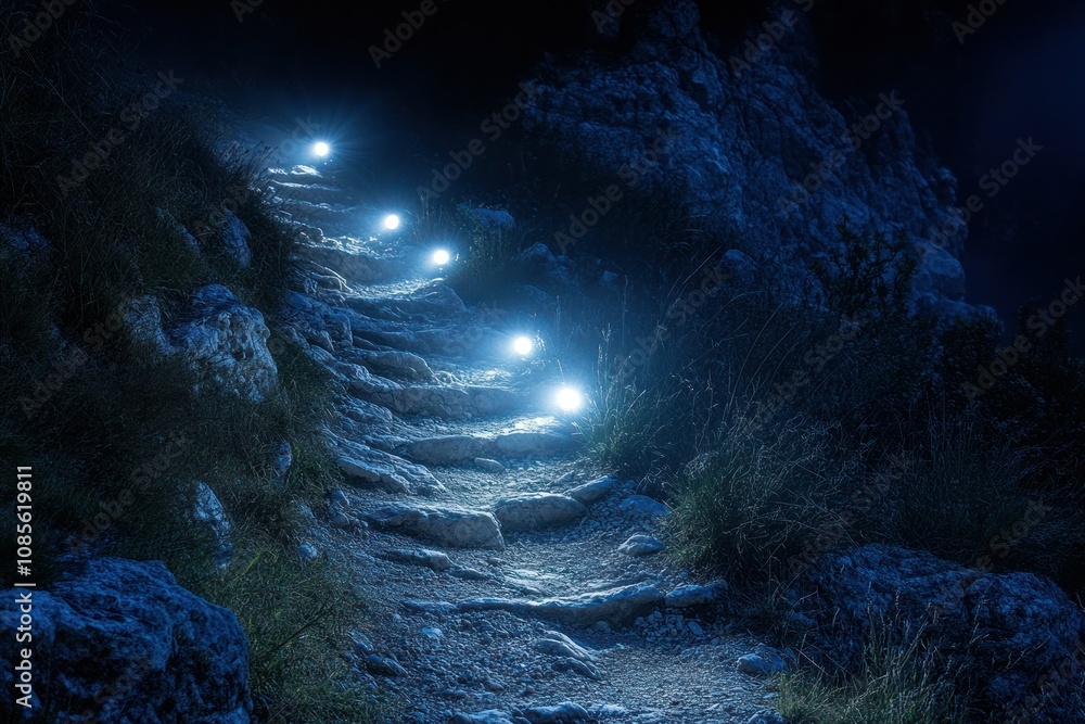 Obraz premium Illuminated stone pathway through a dark landscape.