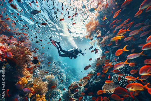 Beautiful diver goes on an underwater adventure in frighteningly deep sea