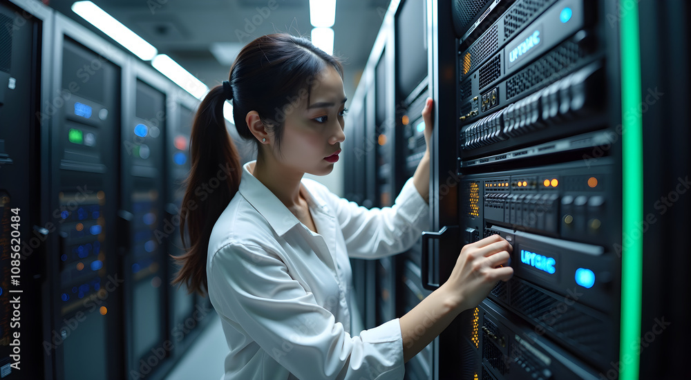 A korean female it specialist is fixing a server rack while focused and determined in a data center environment A korean female it specialist is fixing a server rack while focused and determined in a data center environment