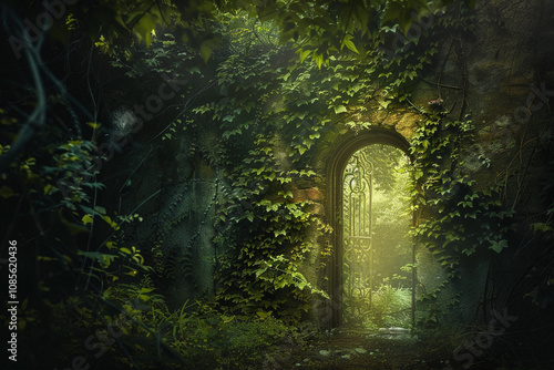 Fantastically beautiful door in wild forest leading to unknown