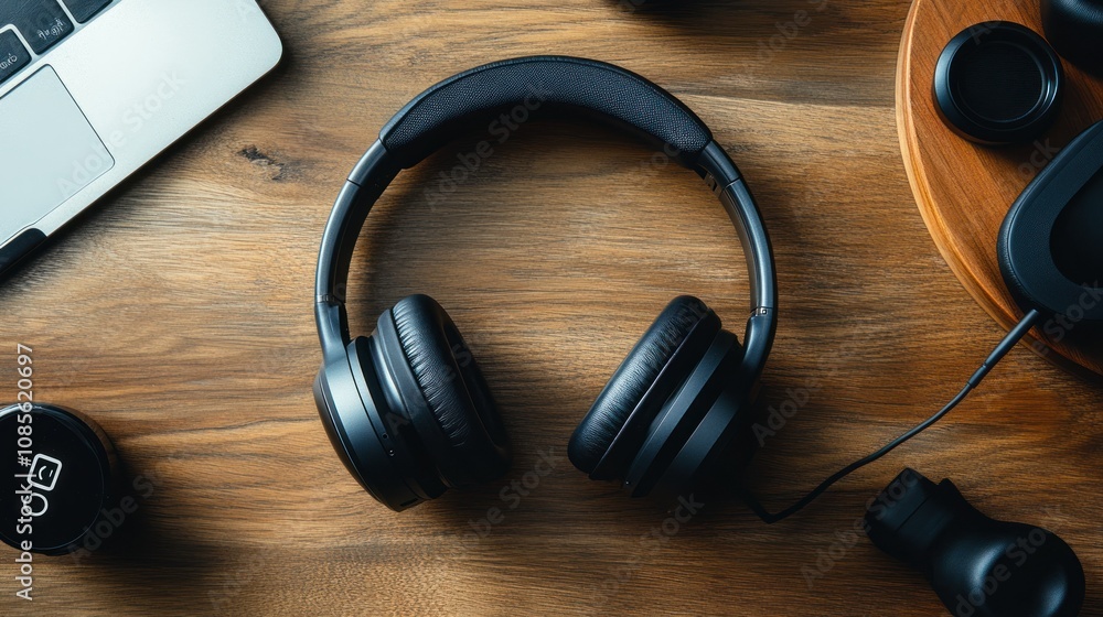 Headphones on a wooden desk with accessories. Headphones on a wooden desk with accessories.