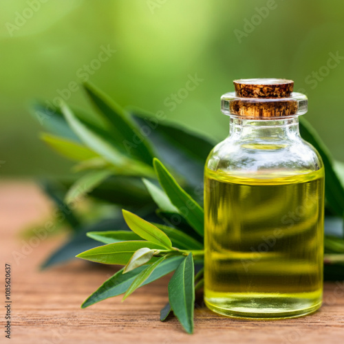 Tea tree oil next to fresh green tea tree leaves