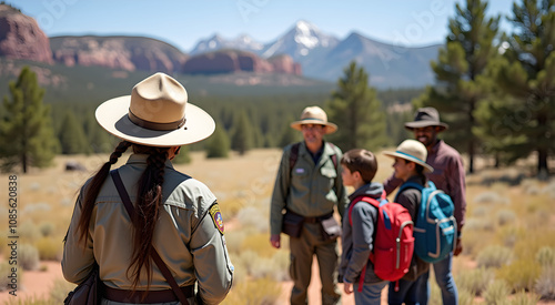 A native american park ranger guides a group of tourists through stunning natural scenery, showcasing the beauty of nature and cultural heritage