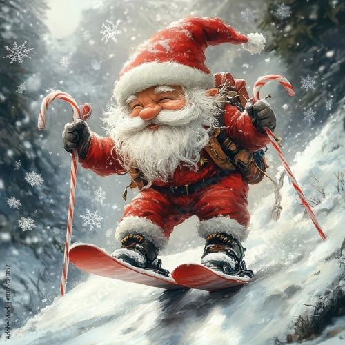 Gnome in a red hat, holding candy cane ski poles, zooming down a snowy hill, laughter in the frosty air, snowflakes dancing around, Whimsical, Cartoon, Vivid colors photo