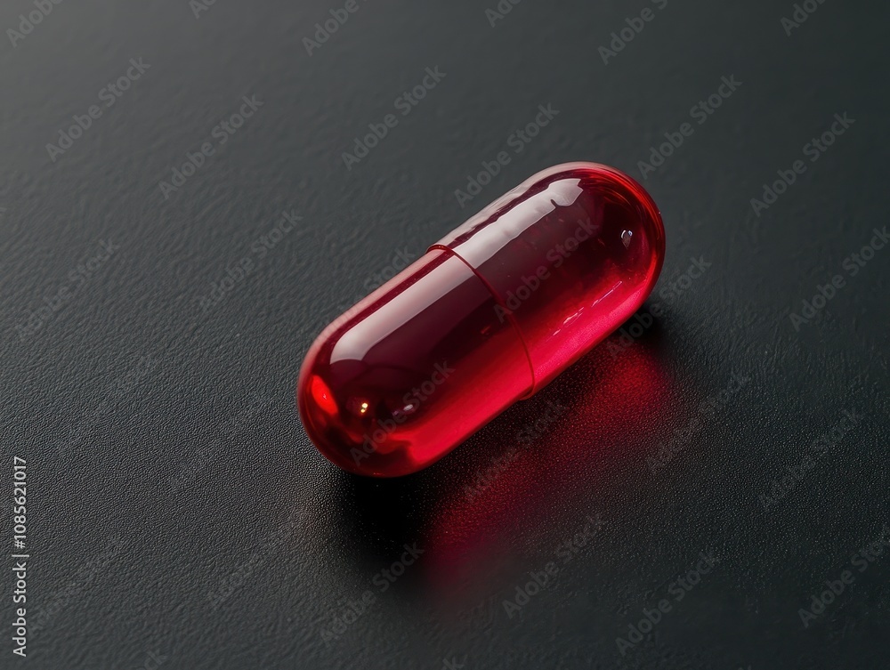 Red Gel Capsule Smooth Black Surface Product Studio Setting Close-Up Science and Health Concept Red Gel Capsule Smooth Black Surface Product Studio Setting Close-Up Science and Health Concept