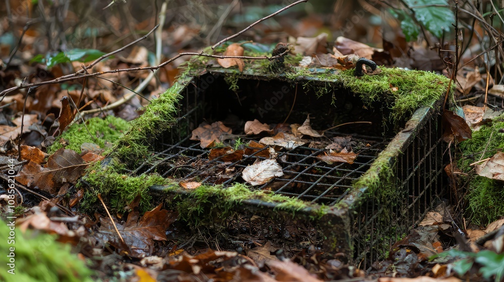 Obraz premium Abandoned Trap Covered in Moss and Leaves