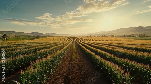 Expansive Corn Field Under a Dramatic Sky at Sunset, Showcasing Rows of Healthy Corn Plants with Lush Green Foliage and Golden Light in Rural Landscape