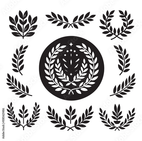 laurel wreath Vector Black silhouettes icon set.