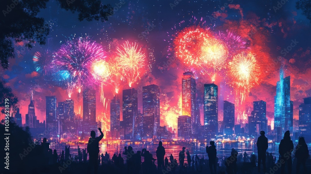 Obraz premium City skyline illuminated by vibrant fireworks display.