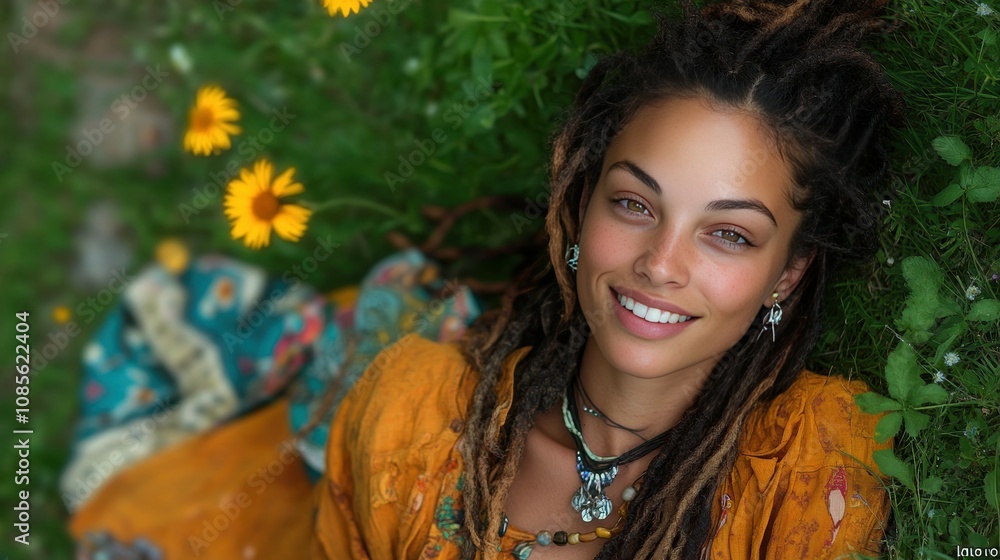 A joyful young woman with dreadlocks reclines on lush green grass, adorned with wildflowers, radiating happiness and warmth on a sunny day outdoors A joyful young woman with dreadlocks reclines on lush green grass, adorned with wildflowers, radiating happiness and warmth on a sunny day outdoors